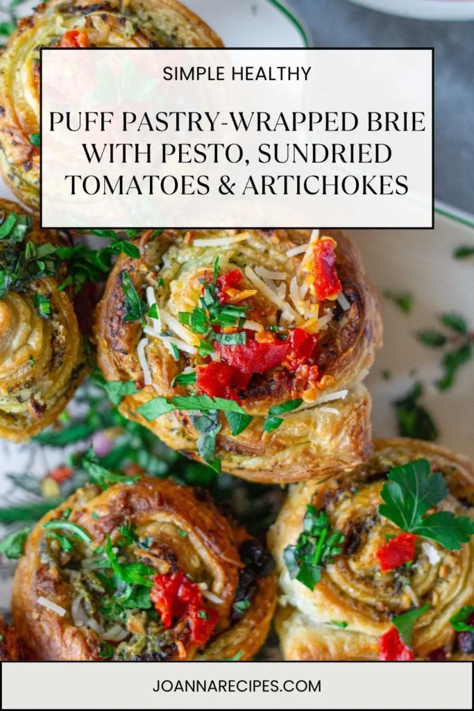 Puff Pastry-Wrapped Brie with Pesto, Sundried Tomatoes & Artichokes
